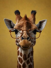 Giraffe wearing glasses and a yellow sweater against a matching background.