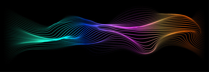 Poster - Abstract flowing wavy lines on futuristic black background. Dynamic wave pattern in colorful gradient colors. Vector illustration 