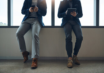Aufkleber - colleagues, tablet and cellphone with business people in office, teamwork and communication with cli