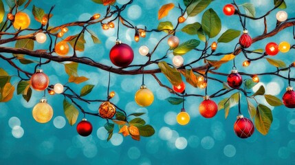 Wall Mural - Festive Christmas Lights and Ornaments on a Tree Branch