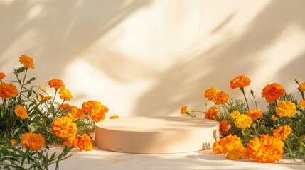 Poster - A round pedestal is accented by vibrant marigold flowers, creating a bright and inviting atmosphere. The warm sunlight casts soft shadows around the display, adding to the cheerful ambiance.