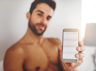 Poster - Hand, man and phone screen in home for space, online dating app and marketing for ads. Closeup, mockup and mobile display for social media, technology and shirtless person show information in bedroom