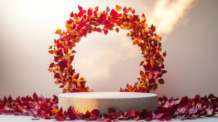 Poster - An artistic arrangement of vibrant red and orange leaves forms a circular shape around a flat display platform. The leaves, scattered throughout, enhance the creative presentation, suggesting autumn.