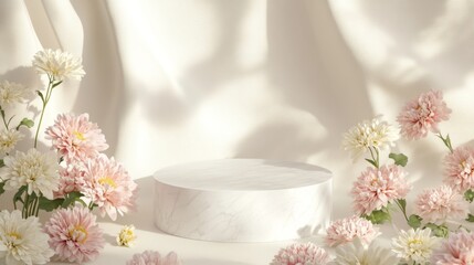 Poster - Soft pastel flowers in shades of pink and white encircle a smooth marble pedestal, illuminated by gentle light against a cream backdrop. The composition creates a serene and elegant atmosphere.
