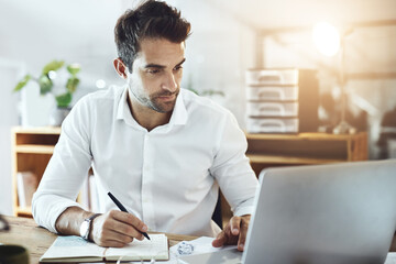 Leinwandbilder - Man, laptop and notebook for finance planning in office, account development and online for research. Male person, professional trader and website for investing solution, accounting and brainstorming