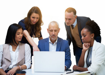 Aufkleber - Business people, laptop and collaboration for research, diversity and planning in studio with feedback. Corporate company, technology and teamwork on white background for strategy and project review