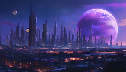 Wall Mural - Futuristic cityscape under a violet night sky with a radiant Earth and Moon