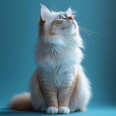 Fluffy kitten gazing upwards with soft light on blue background.
