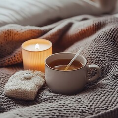 coffee mug on a quilt surrounded by candles