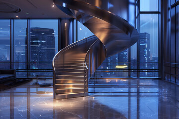 Poster - A spiral staircase in a large room with a city view