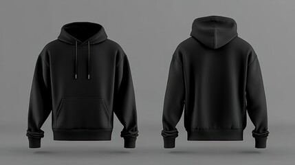 
Black hoodie sweatshirt front and back mockup template on a grey background