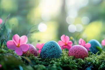 Colorful easter eggs on green moss background with bokeh. Colorful easter eggs on green moss with pink spring flowers in the forest. geneative ai