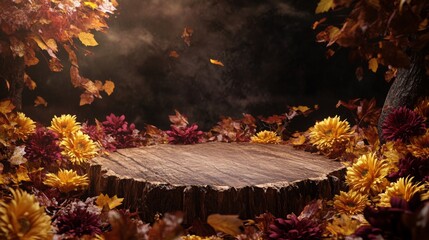 Aufkleber - In a tranquil forest setting, a wooden platform is encircled by colorful autumn leaves and vibrant flowers, creating a peaceful and picturesque scene full of natural beauty and seasonal charm.