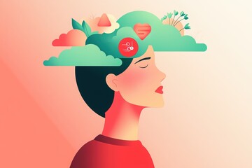 Illustration of a woman with a thought cloud filled with nature and emotions.