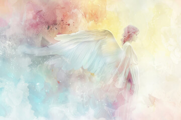 Canvas Print - A colorful painting of a winged angel with a white dress