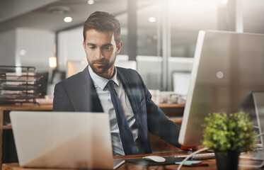 Poster - Man, business and laptop on office for finance, email and networking for growth in company. Insurance broker, computer and typing in agency for contact, feedback and online consultation with tech