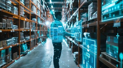 Smart warehouse management system using augmented reality technology to identify package picking and delivery . Future concept of supply chain and logistic business 