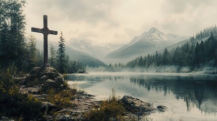 Wall Mural - Serene Mountain Lake with Cross Reflection