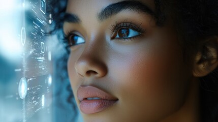 Poster - Close-up of a woman's face interacting with AI-driven technology interface, showcasing innovation, futuristic design, and advanced digital interface.