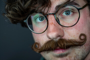 Poster - A man with a mustache and glasses is looking at the camera