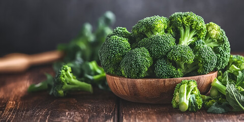 Fresh Broccoli in Wooden Bowl