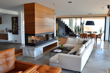 Sticker - A large living room with a fireplace, a couch, and a coffee table