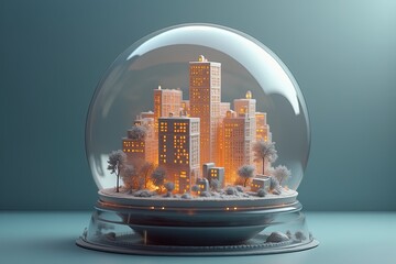 Captivating miniature cityscape snow globe with illuminated buildings.