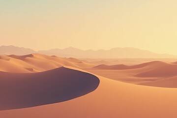 Majestic desert landscape with rolling sand dunes at sunset.