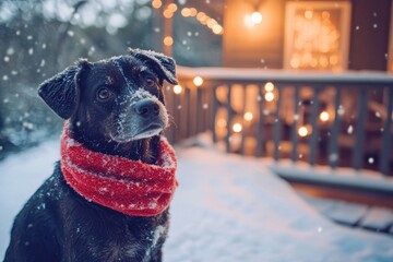 Adorable dog with a red scarf sitting in the snow outside a cozy house