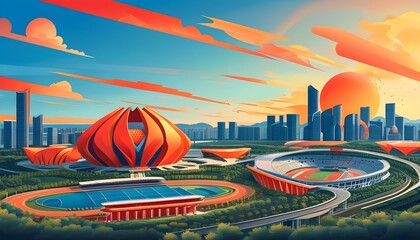 Dynamic vector illustration celebrating Hangzhou Asian Games and Universiade triumphs