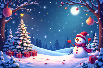 Wall Mural - Festive winter scene with a snowman and Christmas trees, set against the backdrop of a starry night sky.