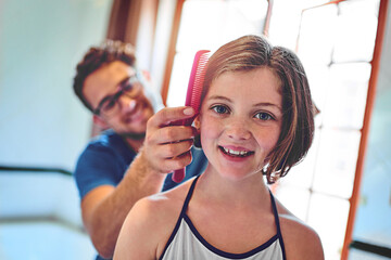 Girl, dad and comb for hair care with portrait in morning, ready and routine for hygiene, wellness and cosmetics. Father, man and child with helping hand, grooming and happy at family home in Italy