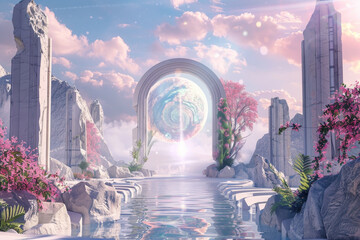 Canvas Print - A beautiful, serene landscape with a large archway leading to a mysterious