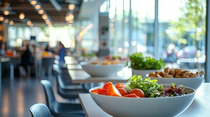 Fresh salad bowls arranged on a table in a modern cafeteria