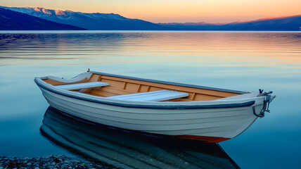 beautiful lake and boat, blue hour, vanishing point