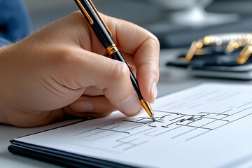 Poster - A hyper-realistic close-up of a personâ€™s hand, marking off a task on a physical planner, with every detail of the paper and ink vividly captured