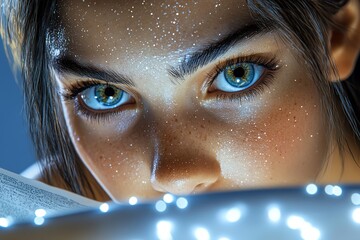 Poster - A hyper-realistic close-up of a studentâ€™s face, deeply focused on reading a textbook, with every detail of their expression captured