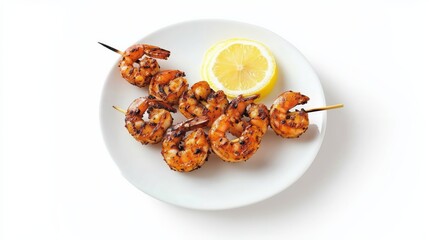 Grilled shrimps with lemon in a plate on a white background