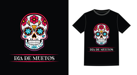 vector dead of the day T shirt design and dia de muetos banner design vector with black color or Illustration of mexican sugar skull color full  