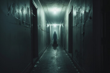 Poster - A dark hallway with a person standing in the middle