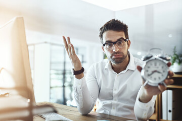 Poster - Businessman, portrait and stress with clock for deadline, time management or crisis at office. Young, man or frustrated employee with alarm or late in anxiety or burnout for pressure at workplace