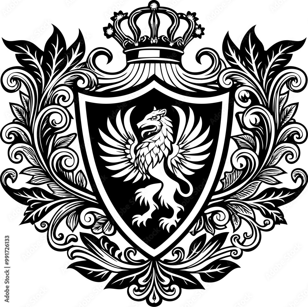 Heraldic shield with royal floral ornament. Vintage crest sign or coat ...