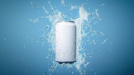 A white can splashes into water, creating dynamic droplets against a vibrant blue background, symbolizing refreshment and energy.