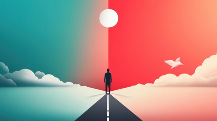 Poster - An illustration of a person standing at a crossroads, symbolizing the decisions and choices we make that shape our identity and determine our future.