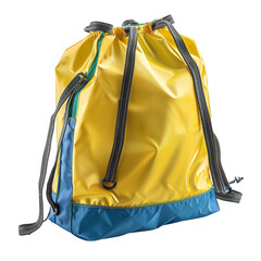 vibrant yellow drawstring backpack with blue accents, isolated on white background, transparent back