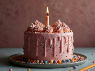 Lit birthday cake with pink frosting and candy sprinkles.