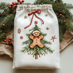 festive drawstring bag with christmas gingerbread man, holly, pine branches, holiday decor concept
