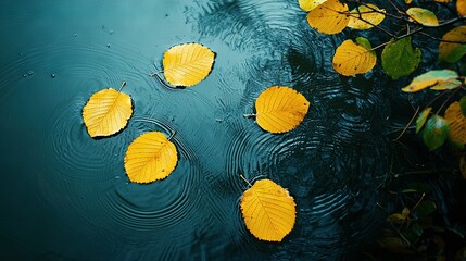 Poster -   Yellow leaves float on a green forest, lake lush