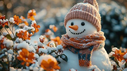 Canvas Print -   A snowman in a field of snowy orange and white flowers wearing a knitted hat and scarf