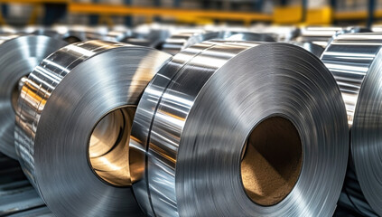 Cold rolled steel coil or stainless steel sheets at storage area in steel industry plant. in a warehouse.